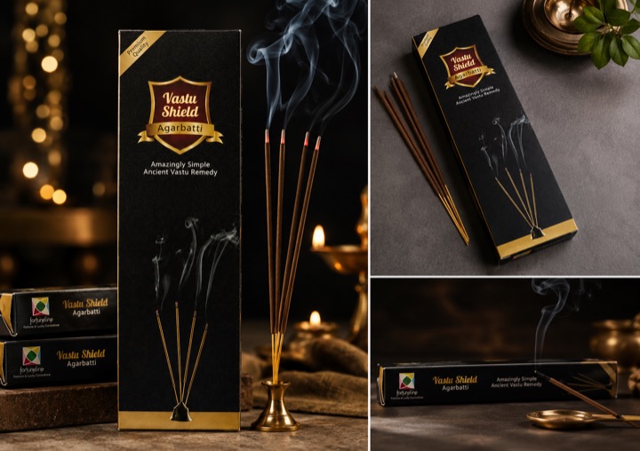VastuShield Agarbatti box and incense sticks in a warm setting