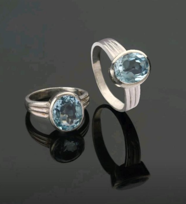 Two silver-tone Aqua Blue rings with oval blue stones