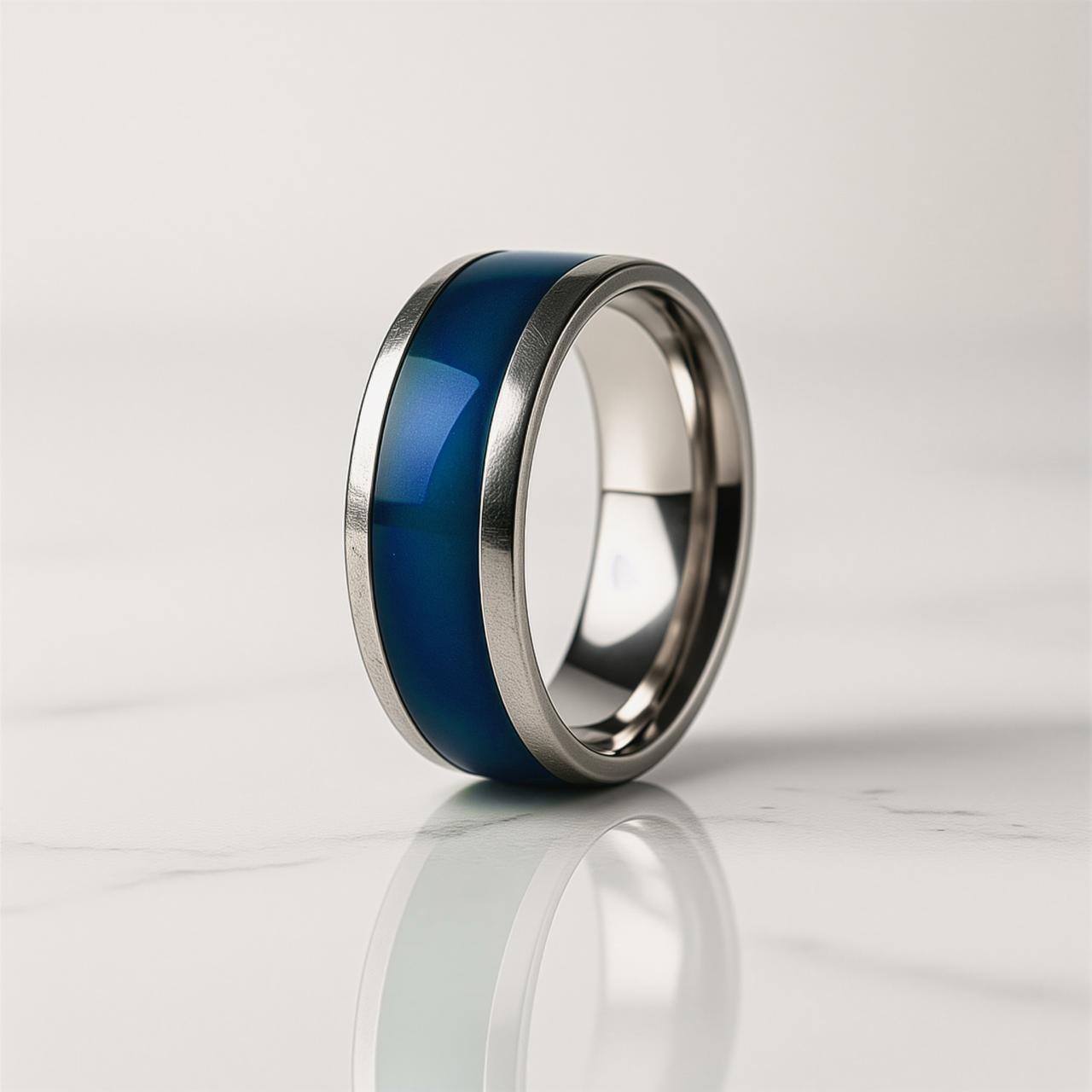 Pure-silver colour-changing ring with a blue centre band